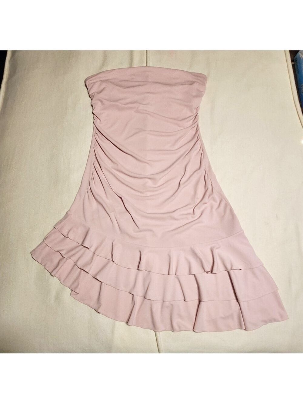 Express Pink Strapless Shirred Ruffle Bodycon Knit Dress Size 14 - Picture 7 of 10